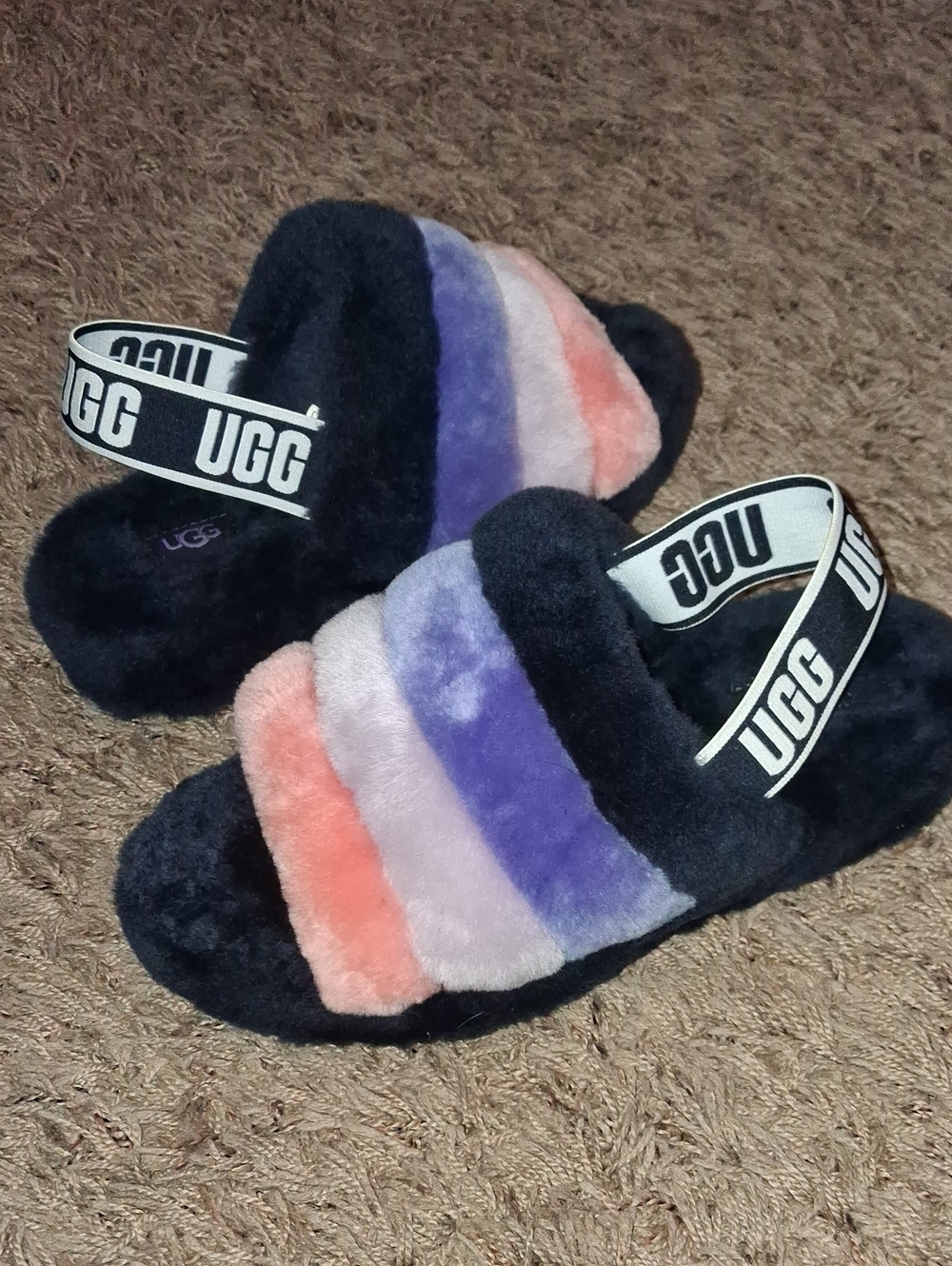 UGG Women's Black Multicolor Fluff Slide - Plush Striped Strap Slipper Sandal 6